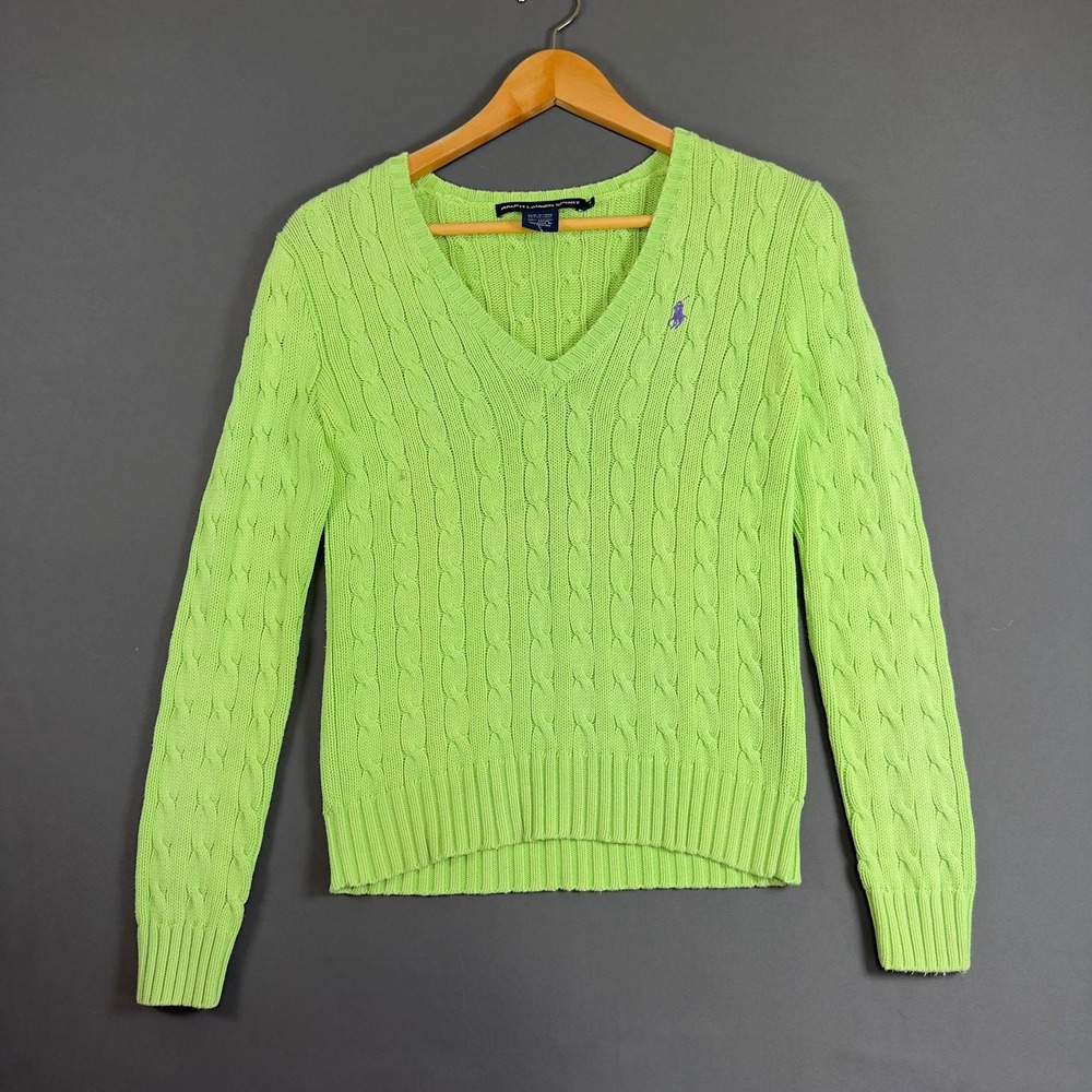 Ralph Lauren Sport Cable Knit Sweater Lime Green Purple Pony V-Neck Women's M